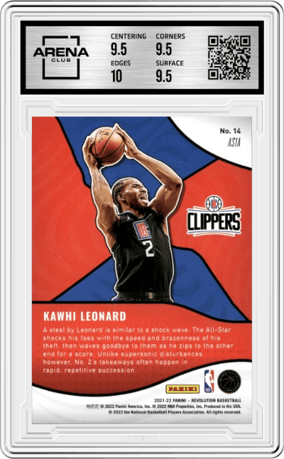 Kawhi Leonard from the 2021-22 Panini Revolution  set featuring a Asia parallel graded by Arena Club and given an overall grade of 10.