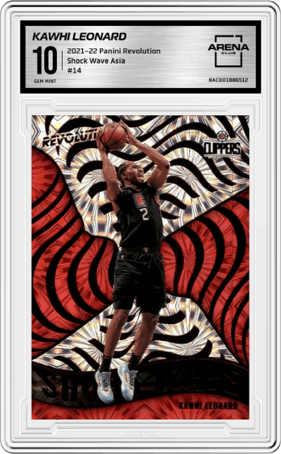 Kawhi Leonard from the 2021-22 Panini Revolution  set featuring a Asia parallel graded by Arena Club and given an overall grade of 10.