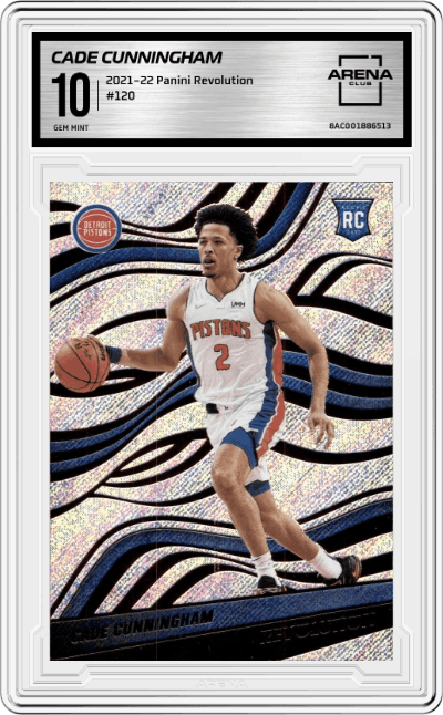 Cade Cunningham from the 2021-22 Panini Revolution  set graded by Arena Club and given an overall grade of 10.