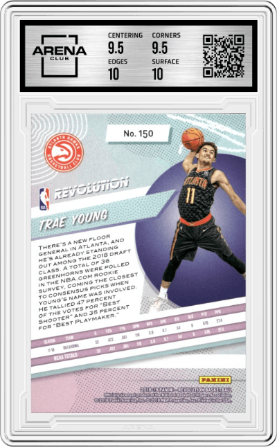 Trae Young from the 2018-19 Panini Revolution  set graded by Arena Club and given an overall grade of 10.
