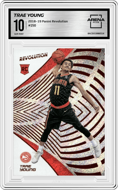 Trae Young from the 2018-19 Panini Revolution  set graded by Arena Club and given an overall grade of 10.