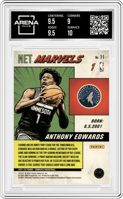 Anthony Edwards from the 2021-22 Panini Donruss set graded by Arena Club and given an overall grade of 9.5.