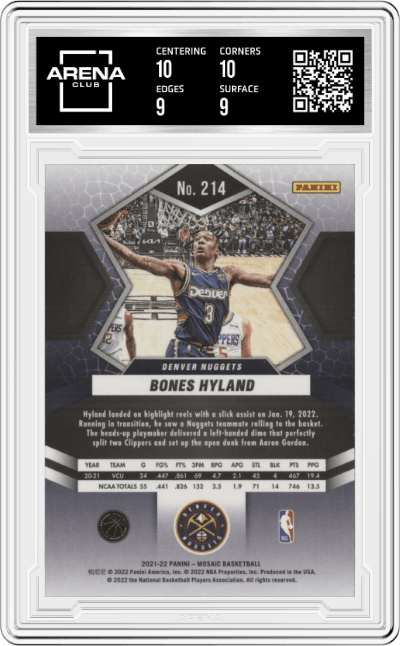 Bones Hyland from the 2021-22 Panini Mosaic  set graded by Arena Club and given an overall grade of 9.5.