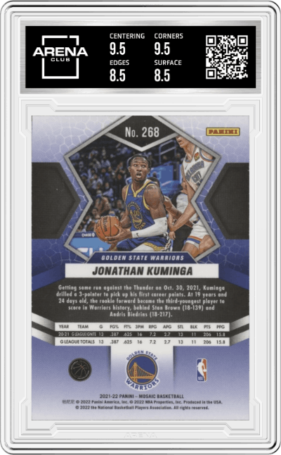 Jonathan Kuminga from the 2021-22 Panini Mosaic  set graded by Arena Club and given an overall grade of 9.