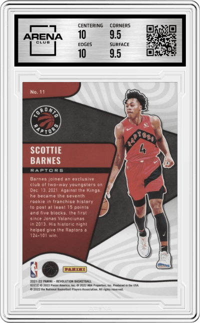 Scottie Barnes from the 2021-22 Panini Revolution  set graded by Arena Club and given an overall grade of 10.