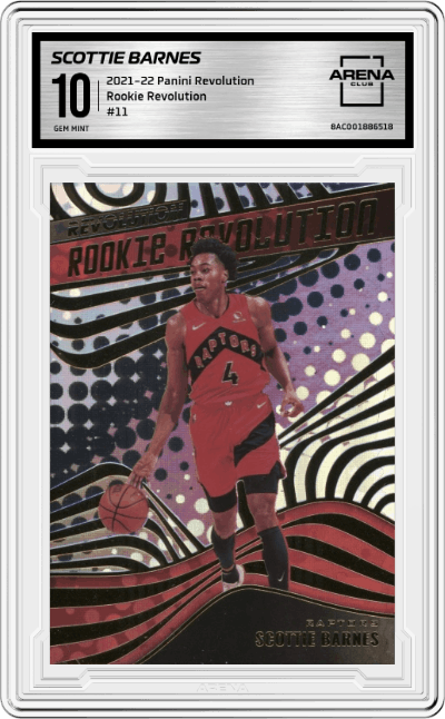 Scottie Barnes from the 2021-22 Panini Revolution  set graded by Arena Club and given an overall grade of 10.