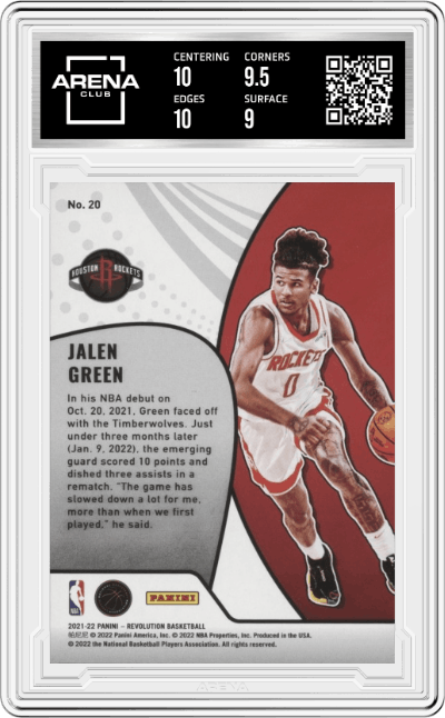Jalen Green from the 2021-22 Panini Revolution  set graded by Arena Club and given an overall grade of 9.5.