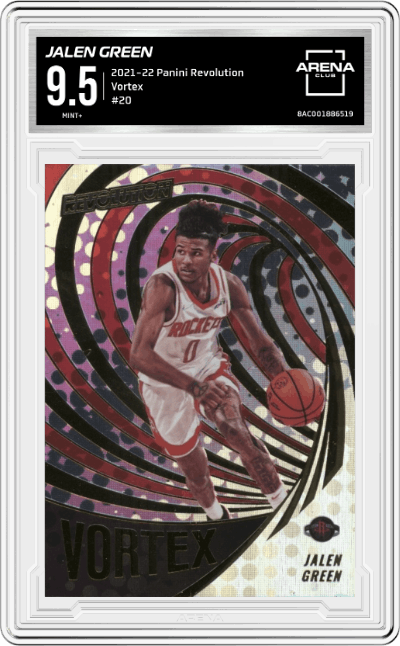 Jalen Green from the 2021-22 Panini Revolution  set graded by Arena Club and given an overall grade of 9.5.
