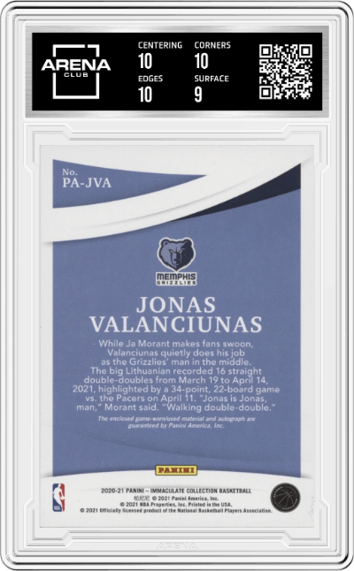 Jonas Valanciunas from the 2020-21 Panini Immaculate Collection  set featuring a Jersey Number parallel graded by Arena Club and given an overall grade of 9.5.