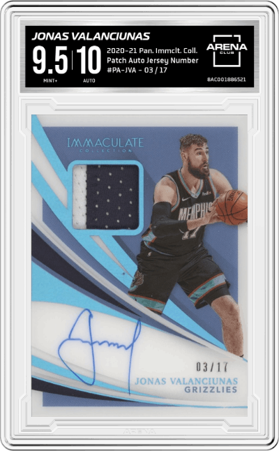 Jonas Valanciunas from the 2020-21 Panini Immaculate Collection  set featuring a Jersey Number parallel graded by Arena Club and given an overall grade of 9.5.