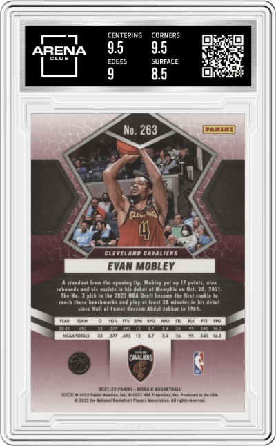 Evan Mobley from the 2021-22 Panini Mosaic  set graded by Arena Club and given an overall grade of 9.