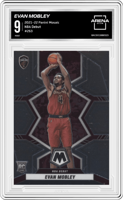 Evan Mobley from the 2021-22 Panini Mosaic  set graded by Arena Club and given an overall grade of 9.