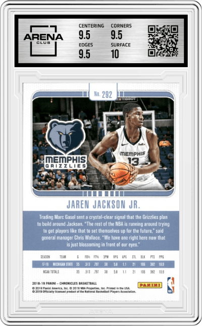 Jaren Jackson Jr. from the 2018-19 Panini Chronicles set graded by Arena Club and given an overall grade of 10.