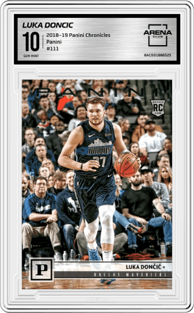 Luka Doncic from the 2018-19 Panini Chronicles set graded by Arena Club and given an overall grade of 10.