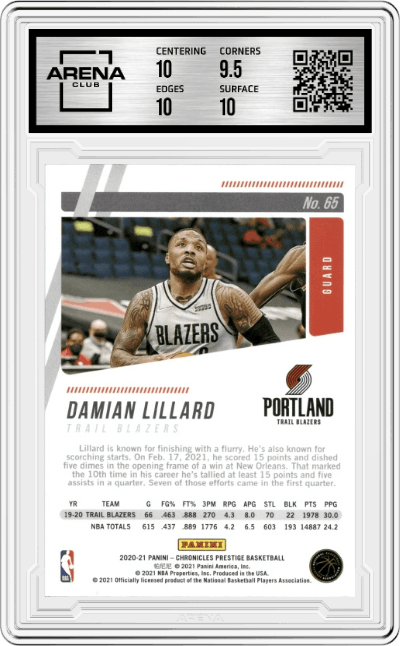 Damian Lillard from the 2020-21 Panini Chronicles set featuring a Red parallel graded by Arena Club and given an overall grade of 10.