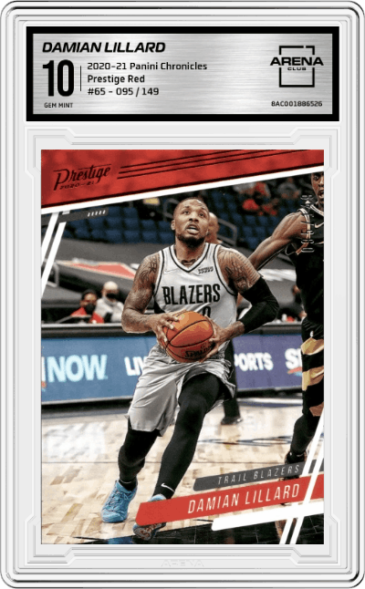 Damian Lillard from the 2020-21 Panini Chronicles set featuring a Red parallel graded by Arena Club and given an overall grade of 10.