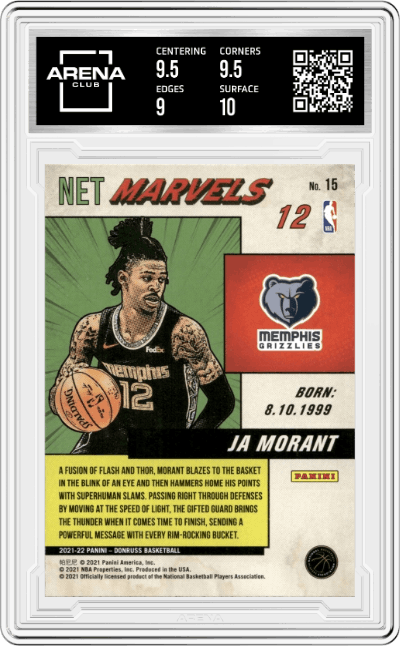 Ja Morant from the 2021-22 Panini Donruss set graded by Arena Club and given an overall grade of 9.5.