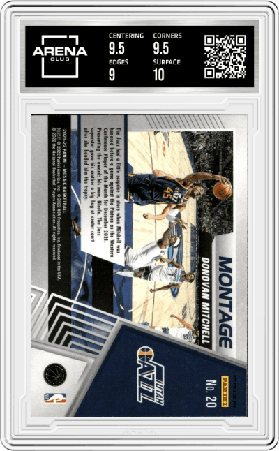 Donovan Mitchell from the 2021-22 Panini Mosaic  set featuring a Silver Mosaic parallel graded by Arena Club and given an overall grade of 9.5.