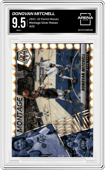 Donovan Mitchell from the 2021-22 Panini Mosaic  set featuring a Silver Mosaic parallel graded by Arena Club and given an overall grade of 9.5.