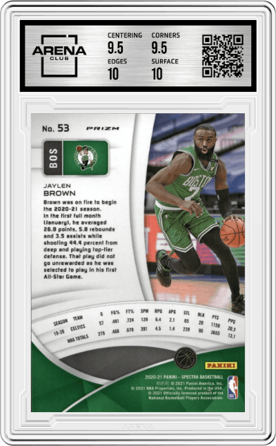 Jaylen Brown from the 2020-21 Panini Spectra Basketball set featuring a Asia Red parallel graded by Arena Club and given an overall grade of 10.