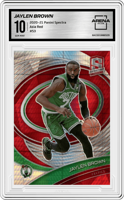 Jaylen Brown from the 2020-21 Panini Spectra Basketball set featuring a Asia Red parallel graded by Arena Club and given an overall grade of 10.