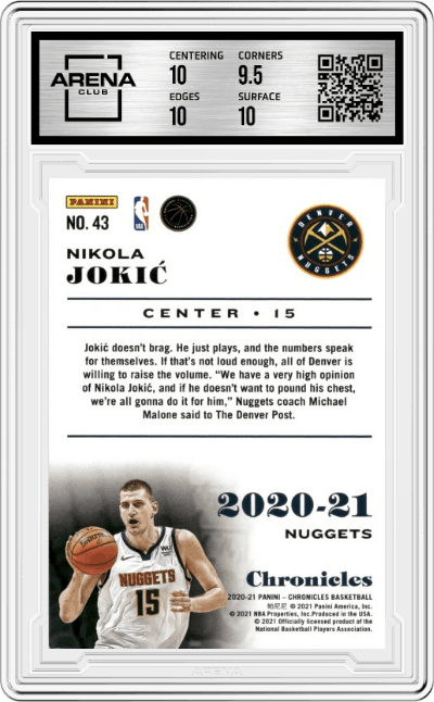 Nikola Jokic from the 2020-21 Panini Chronicles set featuring a Blue parallel graded by Arena Club and given an overall grade of 10.