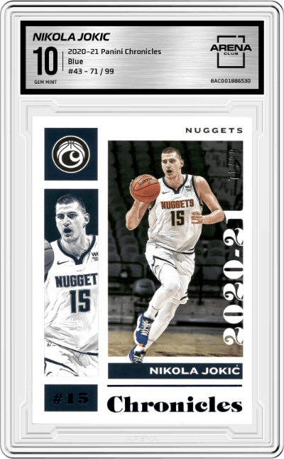 Nikola Jokic from the 2020-21 Panini Chronicles set featuring a Blue parallel graded by Arena Club and given an overall grade of 10.