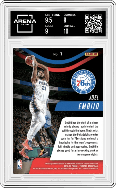 Joel Embiid from the 2018-19 Panini Threads  set graded by Arena Club and given an overall grade of 9.5.