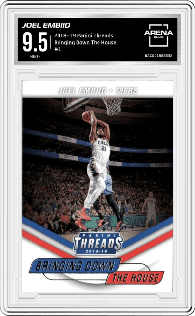 Joel Embiid from the 2018-19 Panini Threads  set graded by Arena Club and given an overall grade of 9.5.