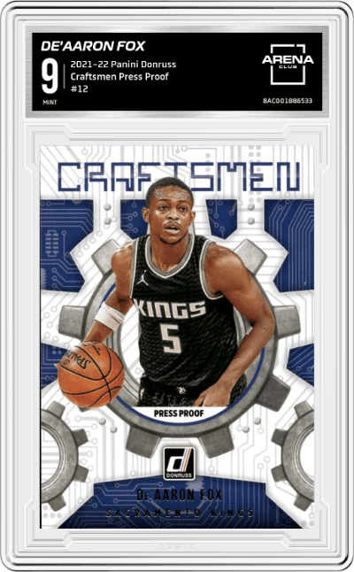 De'Aaron Fox from the 2021-22 Panini Donruss set featuring a Press Proof parallel graded by Arena Club and given an overall grade of 9.
