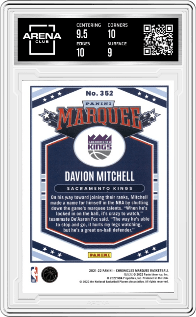 Davion Mitchell  from the 2021-22 Panini Chronicles set featuring a 75th Anniversary  parallel graded by Arena Club and given an overall grade of 9.5.