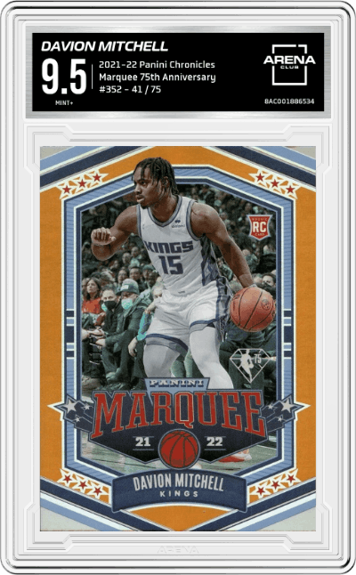 Davion Mitchell  from the 2021-22 Panini Chronicles set featuring a 75th Anniversary  parallel graded by Arena Club and given an overall grade of 9.5.