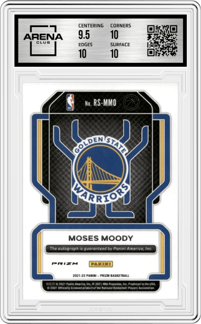 Moses Moody from the 2021-22 Panini Prizm  set featuring a Choice Prizm parallel graded by Arena Club and given an overall grade of 10.