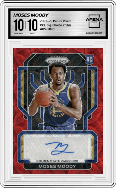 Moses Moody from the 2021-22 Panini Prizm  set featuring a Choice Prizm parallel graded by Arena Club and given an overall grade of 10.