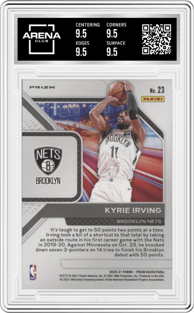 Kyrie Irving from the 2020-21 Panini Prizm set featuring a Silver Prizm parallel graded by Arena Club and given an overall grade of 9.5.