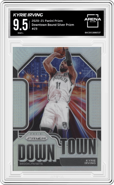 Kyrie Irving from the 2020-21 Panini Prizm set featuring a Silver Prizm parallel graded by Arena Club and given an overall grade of 9.5.