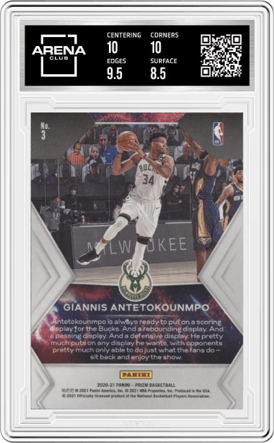Giannis Antetokounmpo from the 2020-21 Panini Prizm set graded by Arena Club and given an overall grade of 9.