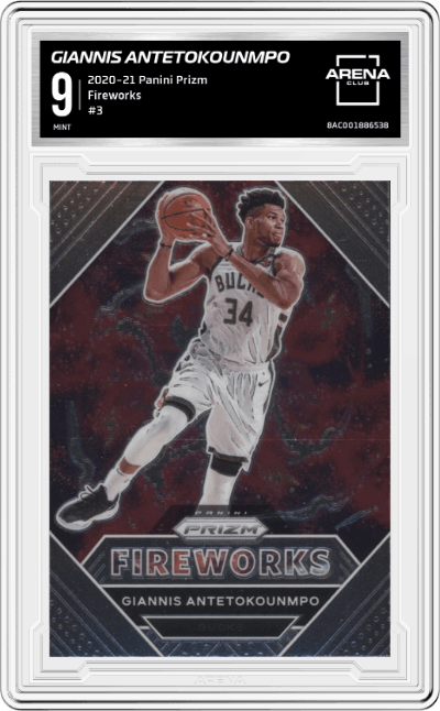 Giannis Antetokounmpo from the 2020-21 Panini Prizm set graded by Arena Club and given an overall grade of 9.