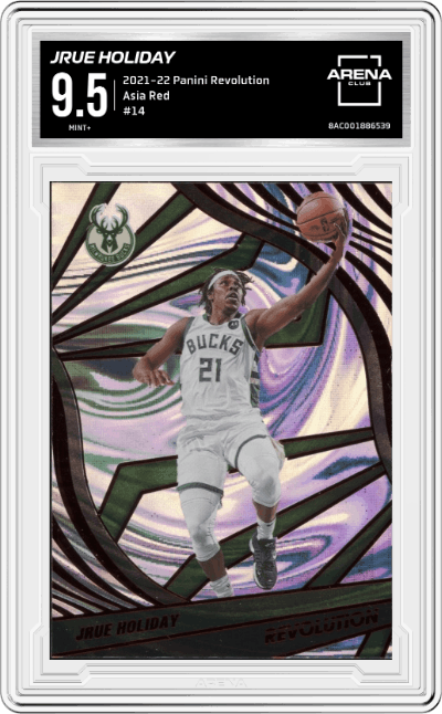 Jrue Holiday from the 2021-22 Panini Revolution  set featuring a Asia Red parallel graded by Arena Club and given an overall grade of 9.5.