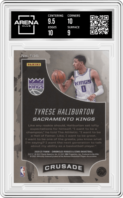 Tyrese Haliburton from the 2020-21 Panini Chronicles set graded by Arena Club and given an overall grade of 9.5.