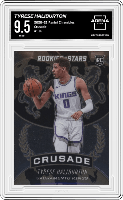 Tyrese Haliburton from the 2020-21 Panini Chronicles set graded by Arena Club and given an overall grade of 9.5.