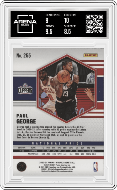 Paul George from the 2020-21 Panini Mosaic set graded by Arena Club and given an overall grade of 9.