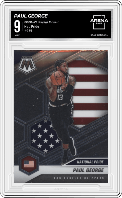 Paul George from the 2020-21 Panini Mosaic set graded by Arena Club and given an overall grade of 9.