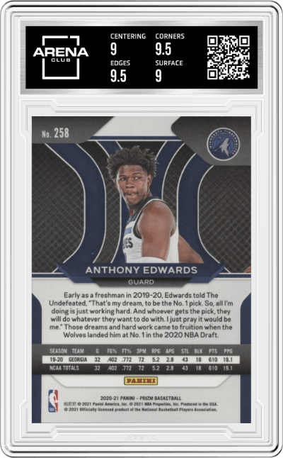 Anthony Edwards from the 2020-21 Panini Prizm set graded by Arena Club and given an overall grade of 9.5.