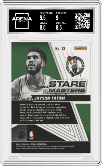 Jayson Tatum from the 2021-22 Panini Mosaic  set graded by Arena Club and given an overall grade of 9.