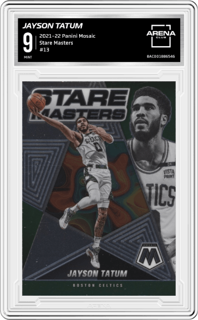 Jayson Tatum from the 2021-22 Panini Mosaic  set graded by Arena Club and given an overall grade of 9.
