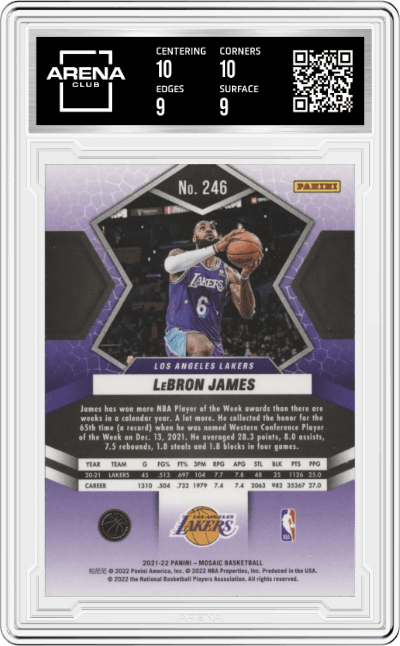 Lebron James from the 2021-22 Panini Mosaic  set graded by Arena Club and given an overall grade of 9.5.