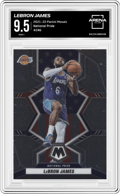Lebron James from the 2021-22 Panini Mosaic  set graded by Arena Club and given an overall grade of 9.5.