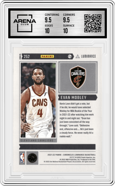 Evan Mobley from the 2021-22 Panini Chronicles set graded by Arena Club and given an overall grade of 10.