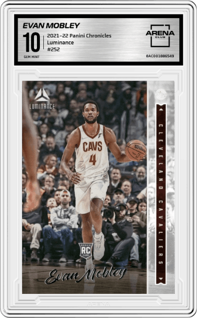 Evan Mobley from the 2021-22 Panini Chronicles set graded by Arena Club and given an overall grade of 10.